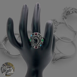 Silver and Multicolor Rhinestone Statement Ring - Size 10